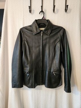 Women's Black Leather Zip-Up Jacket by EXCELLED Size LARGE